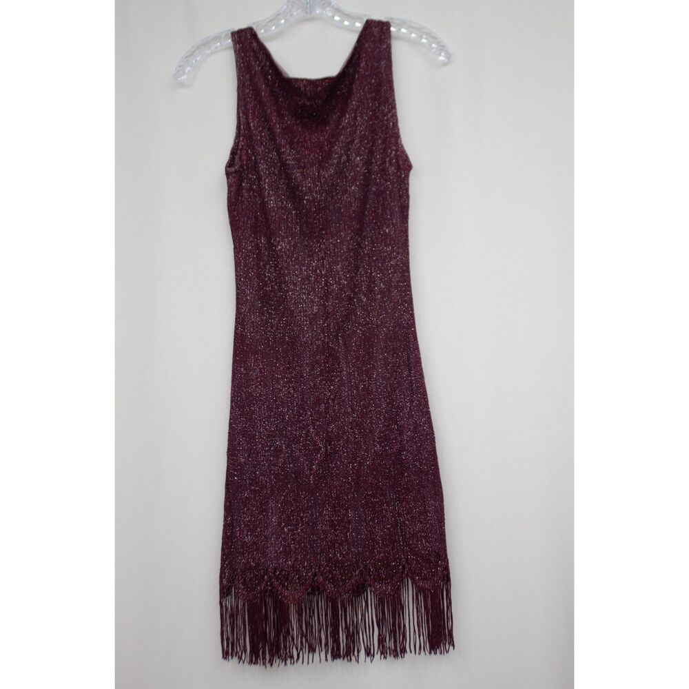 Hourglass Burgundy Shimmer Fringe Dress M Sleeveless Knit 1920s Flapper USA